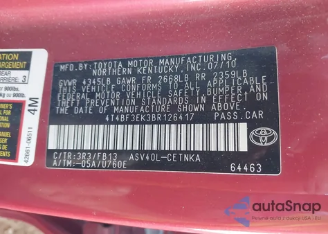 2011 Toyota Camry Le z USA, uszkodzony, nr VIN 4T4BF3EK3BR126417